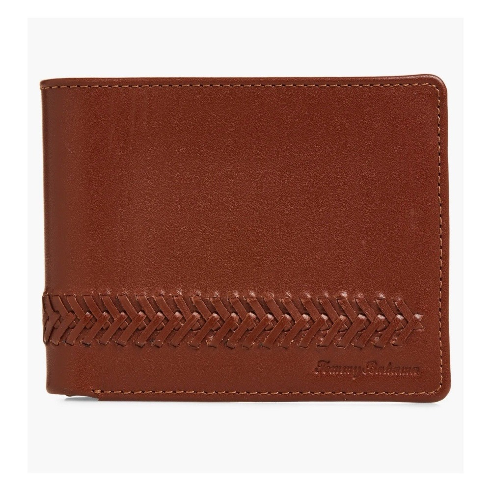 NWB Tommy Bahama Men's Tan LEATHER Lace Details Bifold Wallet Gift